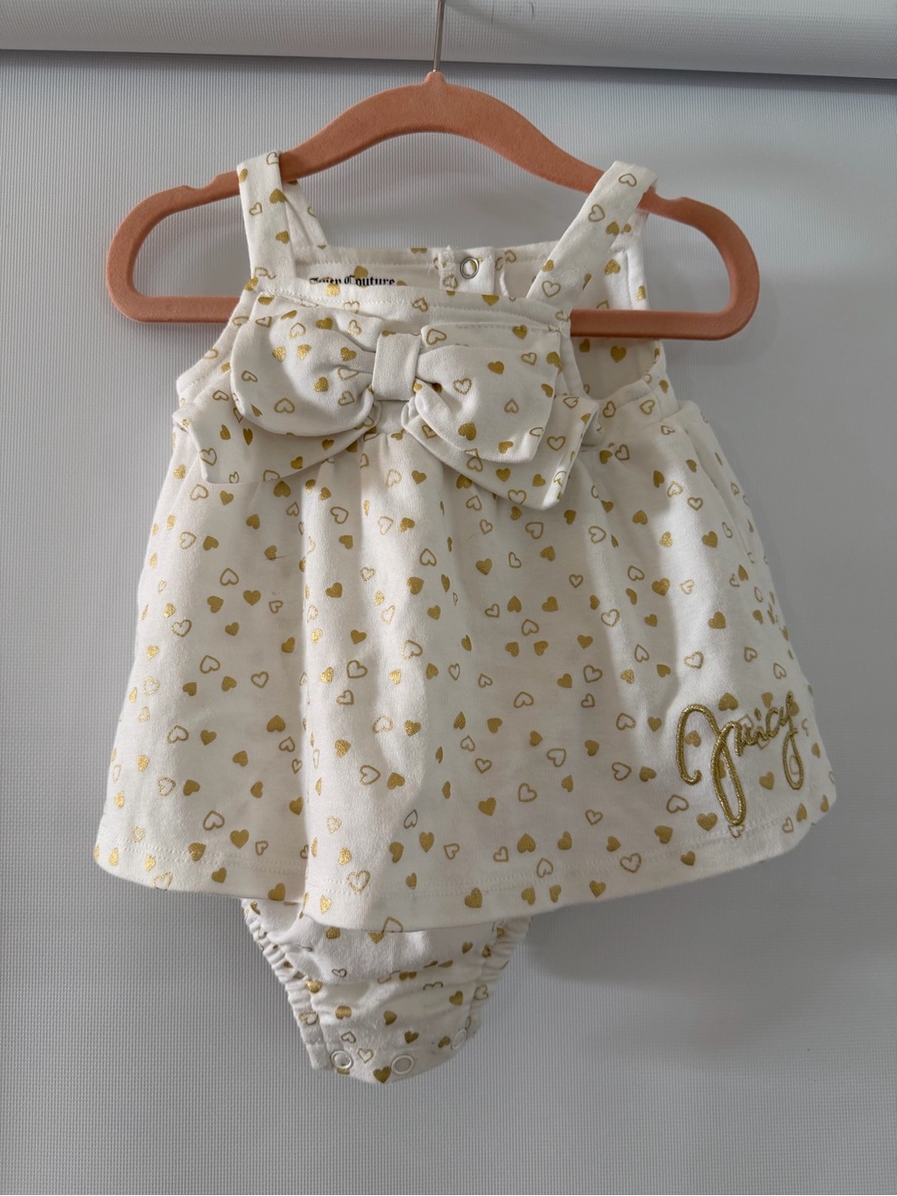 Juicy Couture Cream and Gold Heart Dress & Bloomer Onsie, 12M